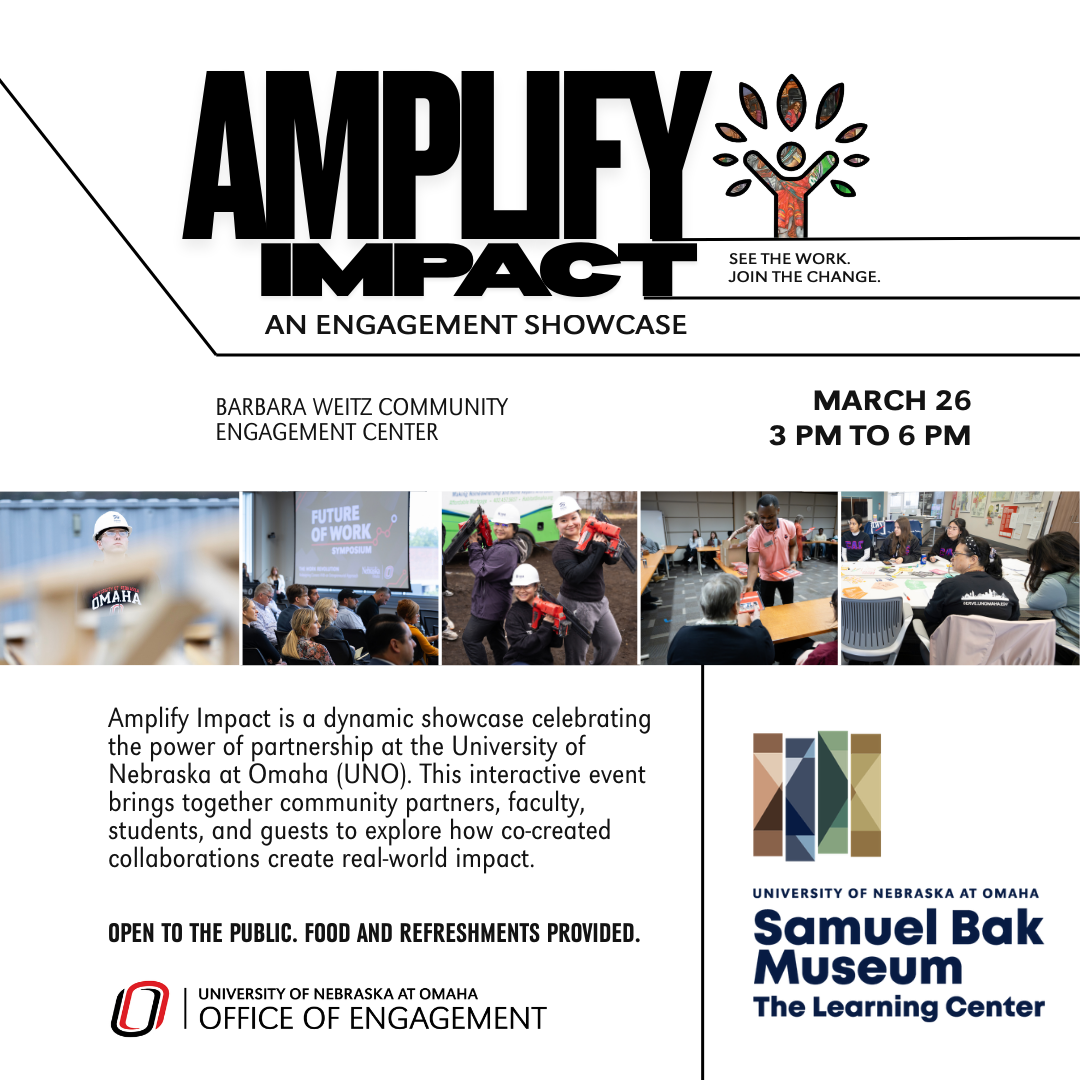 A flyer promoting an Amplify Impact event on March 26, 3 PM at Barbara Weitz Community Engagement Center.
