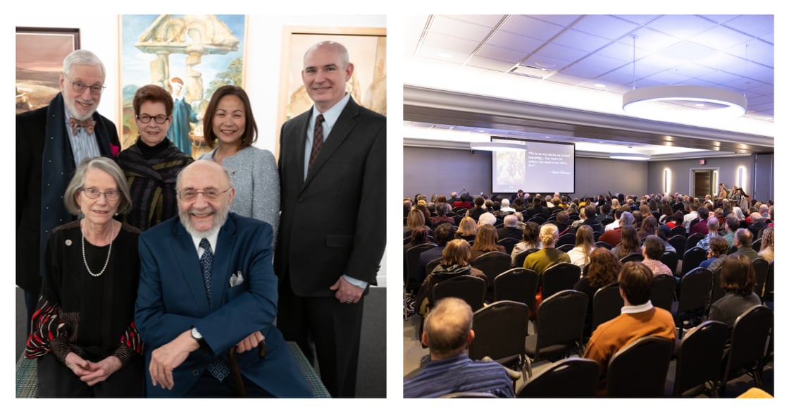 Two-panel collage: a group portrait of museum patrons and a wide shot of a crowded lecture hall with a screen
