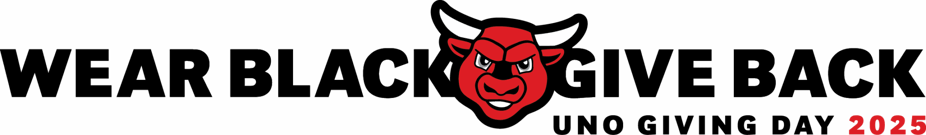 A logo with black and red text that reads "Wear Black Give Back UNO Giving Day 2025. A red Durango Bull mascot head is centered between the text.