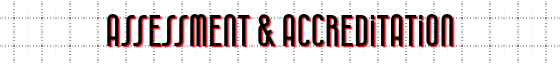 Assessment & Accreditation section header, words Assessment & Accreditation in black font with a red shadow. Background is a large graph paper grid