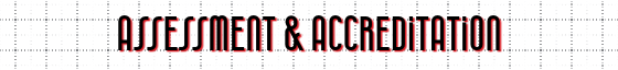 Assessment and accreditation section header. Large graph paper background, section title in black letters with red shadow
