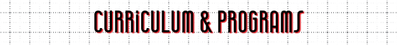 Curriculum and programs section header. Large graph paper background, section title in black letters with red shadow