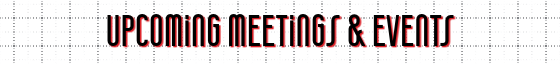 Upcoming Meetings and events section header. Large graph paper background, section title in black letters with red shadow