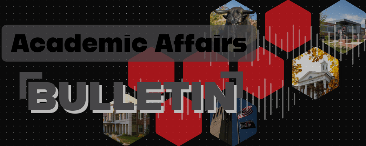 Header image for the Academic Affairs Bulletin featuring a black background with a dotted pattern. The text 'Academic Affairs' is bold and black, overlaid on a semi-transparent gray banner, with the word 'Bulletin' in large, bold letters in the foreground. The background includes a series of red and gray hexagons with photos of various campus buildings and landmarks, including a statue of a bull and architectural shots of the University of Nebraska at Omaha.