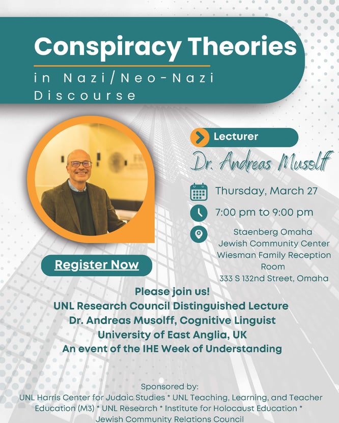 A promotional flyer with details about the lecture. Seen on the flyer is a portrait photo of Dr. Andres Musolf. Dr. Musolf is mostly bald and is seen wearing rectangle glasses, a dark blazer, dark sweater, with a light collared undershirt. 