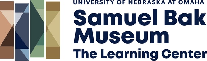 SBMLC logo from left-to-right: Four narrow rectangles placed closely together to make a square. Each pillar is of varying shades of one color. Text reads: University of Nebraska at Omaha, Samuel Bak Museum The Learning Center.