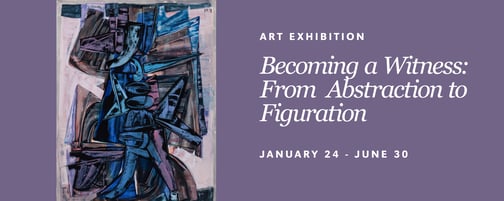 Samuel Bak Museum: The Learning Center Becoming a Witness Exhibition Banner. Purple background, Image of Bak's painting Marching, 1958. White text that reads Becoming a Witness: From Abstraction to Figuration. January 24-June 30