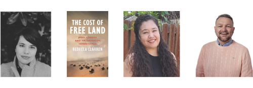 Four images spaced evening across the page. from left to right: Rebecca Clarren Headshot, Cover image for Rebecca Clarren's book The Cost of Free land, Susana Geliga Headshot, Mikal Brotnov Eckstrom Headshot 