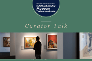 SBMLC Curator Talk Graphic. Top centered circle on a green background, SBMLC logo. The bottom half of the graphic has a person looking at paintings in SBMLC.