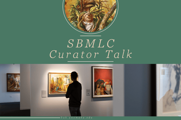 SBMLC Curator Talk Graphic. Top centered circle on a green background, image of painting David's Shielding. Bottom half of graphic image of person looking at paintings in SBMLC.