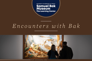 SBMLC Encounters with Bak Graphic. Top centered circle on a brown background, SBMLC logo. The bottom half of the graphic has a family looking at one of Bak’s painting.