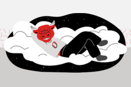A cartoon bull mascot with a red face and black horns lounges contentedly on a fluffy white cloud, wearing a hoodie with an O logo.