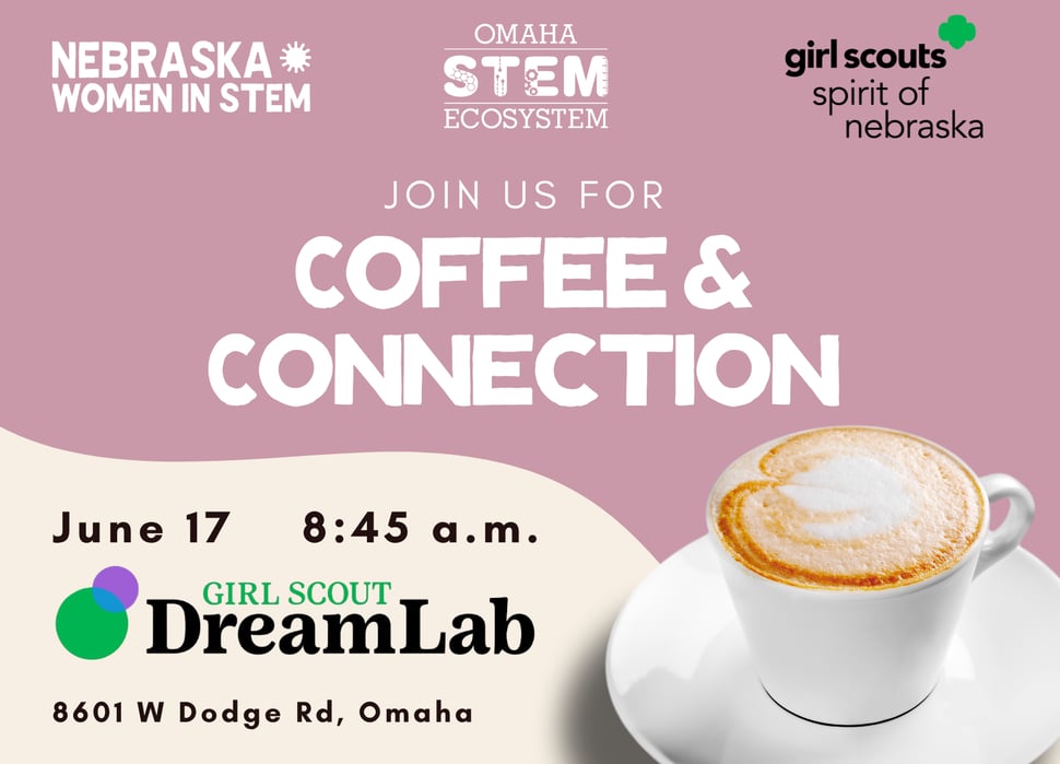 Flyer for Coffee & Connection hosted by Nebraska Women in STEM, Omaha STEM Ecosystem, and Girl Scouts Spirit of Nebraska. Event is June 17 at 8:45 a.m. at Girl Scout DreamLab, 8601 W Dodge Rd, Omaha.