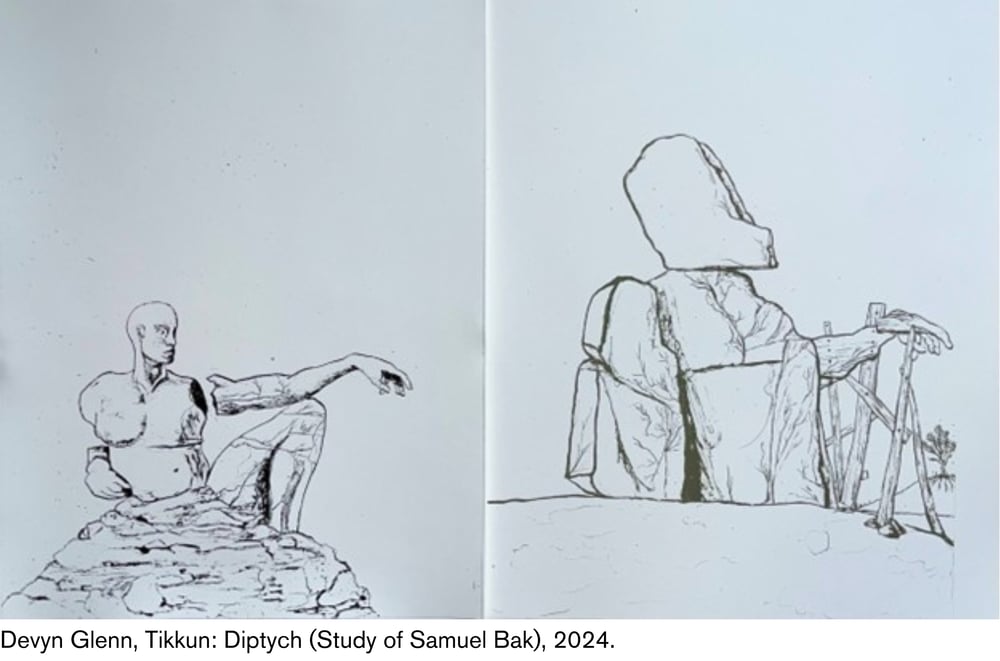 Two line drawings of a figure – The left drawing shows the head and torso of a man sitting on a bolder. His face is turned to the left. He leans on his right arm. He rests his extended left arm on his knee. The rest of his body is trapped in a pyramid shaped boulder. His body is partially made of stone. Both arms are broken but hover close to his body.  The right line drawing is a mirror image of the left one but the man's arm, head, and torso are formed by three large stone tablets. Their outlines are broken to mimic the shape of the man in the left drawing. The extended left arm is formed of a series of wood planks nailed to wooden posts that emerge of an empty landscape. There is a single tree on a distant hill to the right of the stone form. 
