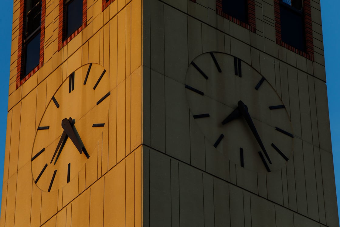 Close-up of the clock on UNO's campanile 