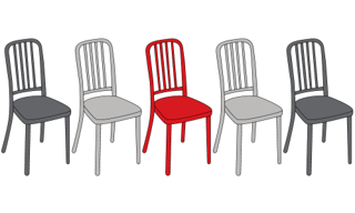 row of five chairs, the center chair is red while the outer chairs are shades of grey