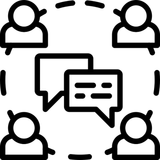 circle of people with text boxes in the center