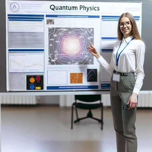a student presenting a research poster on quantum physics white female