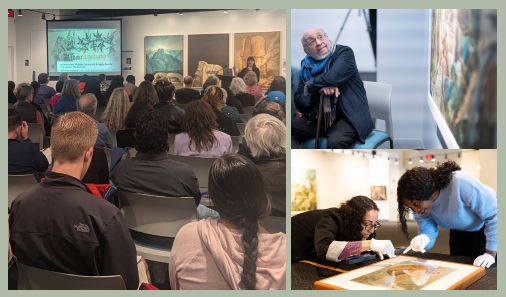Collage of three photos showing people in the Samuel Bak Museum: The Learning Center. The left image shows a large audience seated during a public lecture in a gallery space. The top-right image shows Samuel Bak sitting and thoughtfully observing an artwork. The bottom-right image shows two students wearing gloves closely examining a framed artwork on a table.