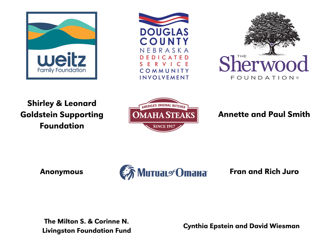 Sponsorship logos including Weitz Family Foundation; Douglas County, Nebraska; The Sherwood Foundation; Shirley & Leonard Goldstein Supporting Foundation; Omaha Steaks; Annette and Paul Smith; Mutual of Omaha; Fran and Rich Juro; The Milton S. and Corinne N. Livingston Foundation Fund; Cynthia Epstein and David Wiesman; and Anonymous.