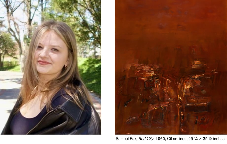 A graphic showing two images. The image on the left is a portrait photo of Kara Walters. Kara has long light brown hair and is seen wearing mauve pink lipstick, earrings, a dark shirt, and dark leather jacket. The right image is a photo of Samuel Bak's artwork, Red City. The painting shows dark shades of red with highlights of light painted to form a textuary, uniquely shaped figure.  