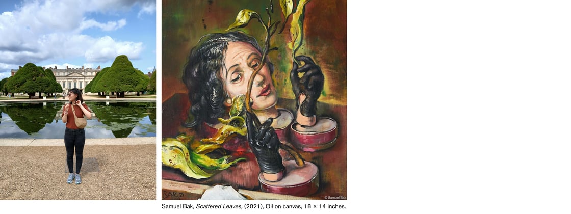 A graphic with two images. The image on the left is a photo of Erin looking to their right with their hands held near their face. They are standing outside in front of a small body of water with large trees and a regal, notable building in the background.  The left image is a photo of Erin’s favorite Samuel Bak painting Scattered Leaves, as described in Erin’s text.