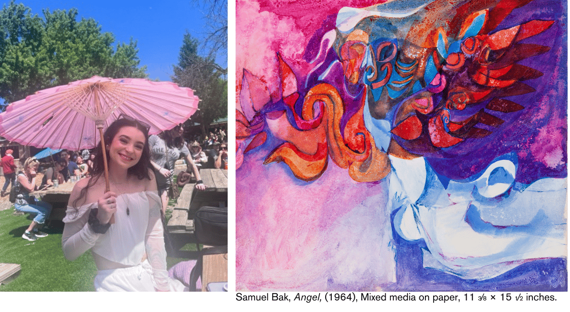 A horizontal graphic featuring two photos. On the left is a smiling woman sitting outside among a crowd of people seated at picnic tables. The woman has long dark hair and is wearing an all-white outfit. The woman is holding a pink sun umbrella on a bright sky-blue day. On the right is a vivid watercolor painting that features an abstract, organic form that seems to flow from left to right. The left side is dominated by vibrant pinks and purples, with a large, delicate, leaf-like shape. In the center, swirling lines in oranges and reds intertwine with cool blue and turquoise forms, creating a sense of dynamic movement. The right side of the painting is a deep purple and blue, with a soft, white, human-like shape in the bottom right corner, suggesting a figure at rest. The artist's signature and the date 'BAK '64' are in the bottom left corner.