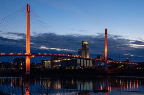 Bob Kerrey Bridge and skyline at night