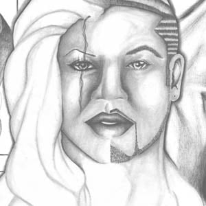 A pencil sketch of a half woman, half man