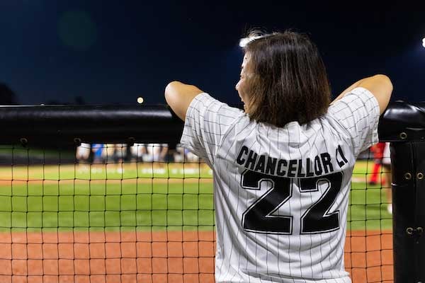 Chancellor Li looks out toward Tal Anderson Field during Student Convocation