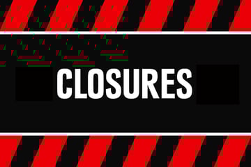 A graphic with the word "Closures" in the center. Top and bottom has alternating red and black stripes slanted to the right slightly.
