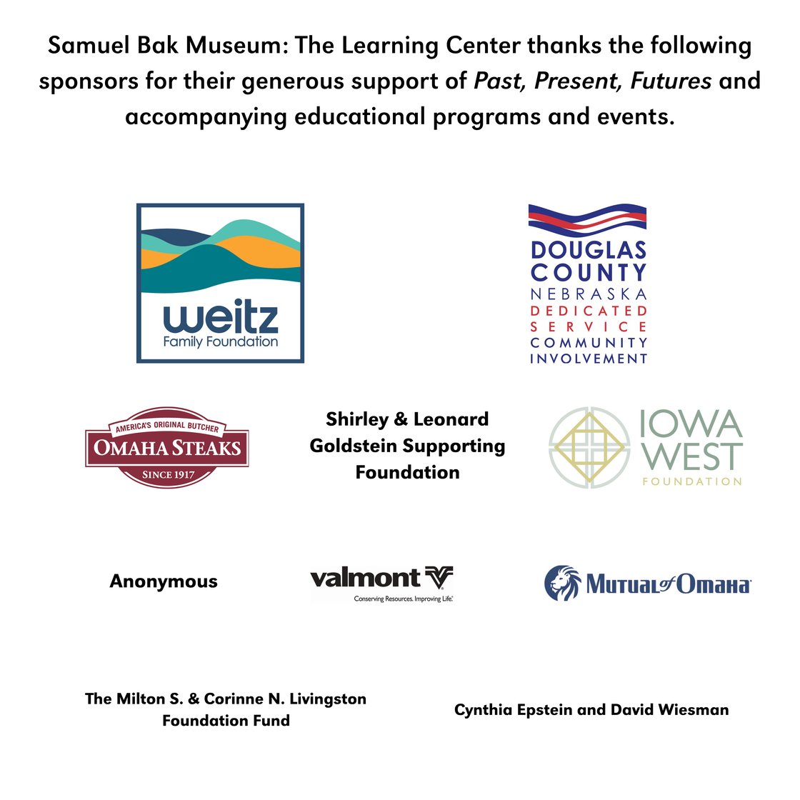 Samuel Bak Museum thanks sponsors of Past, Present, Futures. A grid shows logos and various individual names.